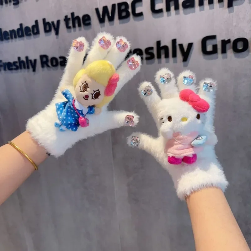 

Sanrio Hello Kitty Plush Gloves Women Winter Cartoon Cat Doll Rhinestone Gloves Cute Imitation Sable Warm Knitted Gloves Gifts