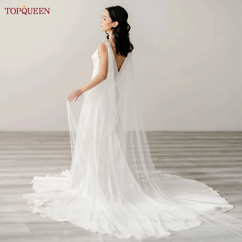 TOPQUEEN G64 Wedding Long Bridal Veils Bolero Jacket Trailing Pearl Cape Veil Cathedral Long Bridal Wrap with Beaded Pins