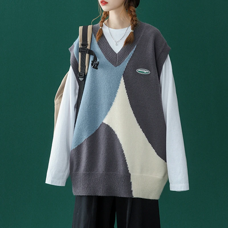 

2023 Autumn Winter Women Sweater Vest Patchwork Sleeves Sweaters Female Oversize V Neck Pullover Sweater