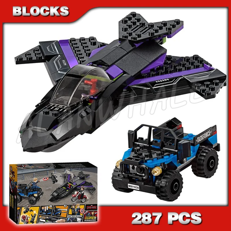 

287pcs Super Revengers Black Panther Pursuit Jet Winter Soldier’s Motorbike 7122 Building Blocks Toy Compatible With Model