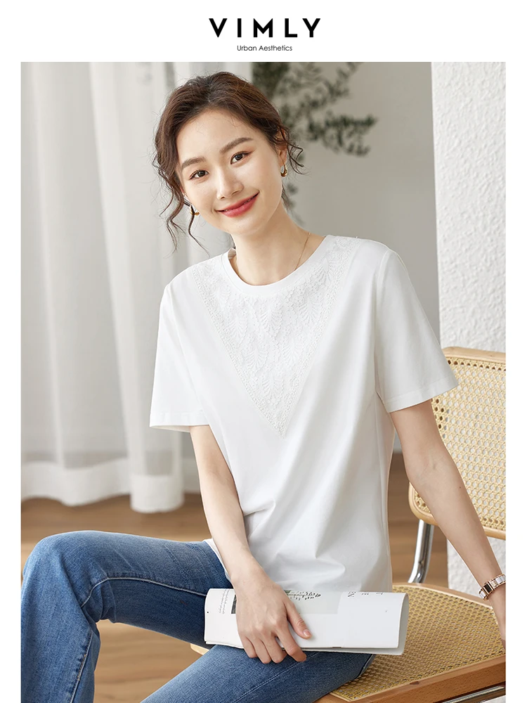 

Vimly Summer Women's T-shirt 2023 Solid Cotton Short Sleeve Tops Loose Chic V-line Lace Short Sleeve Tshirts Female Casual Tees