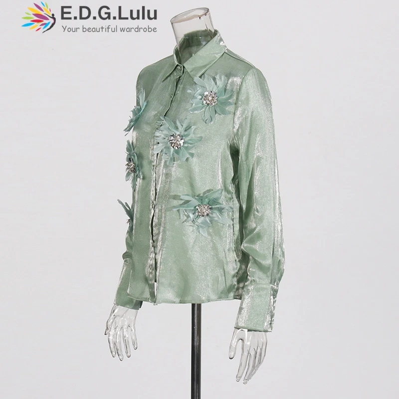 EDGLuLu зеленые блузки с отложным воротником женский дизайн офисная блузка 3d