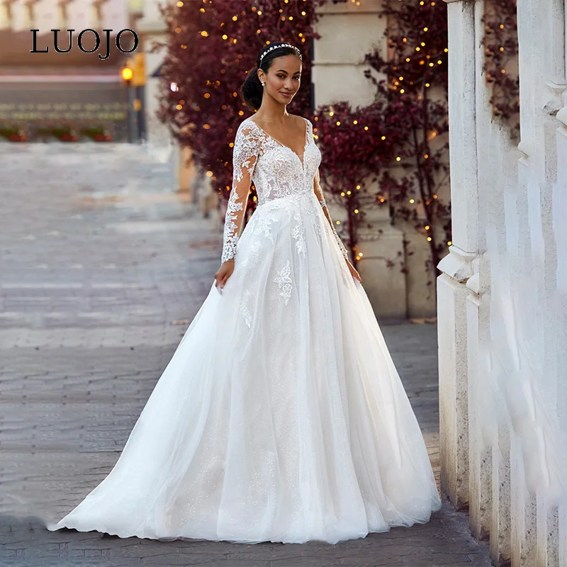 

LUOJO A-line V-neck Wedding Dress Appliques vestidos de novia Eleagnt Long Sleeves robe de mariée Floor-length For Women 2023