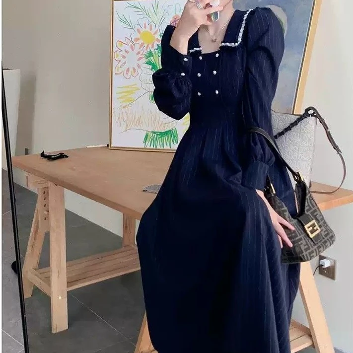 

2023 Autumn Women New Long Sleeve A-line Vestidos Female Elegant Clothing Casual Dresses Ladies Long Sleeve Striped Dress B149