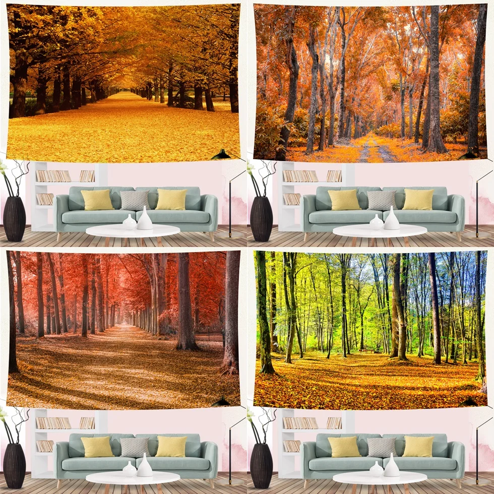 

Autumn Forest Orange Tapestry Maple Leaves Landscape Sunlight Bohemian Wall Hanging Tapestries Hippie Bedroom Background Blanket