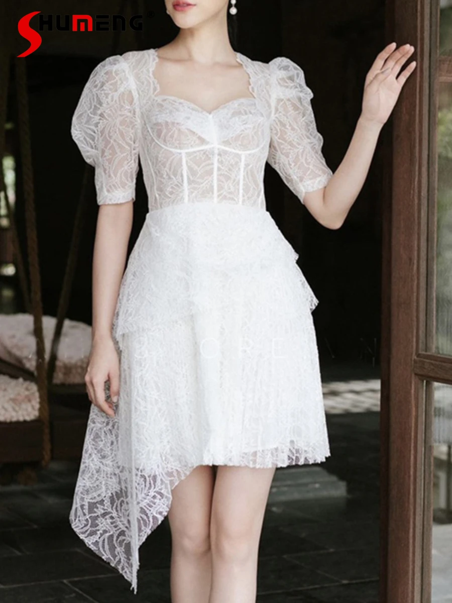 

Sweet Lace Irregular White Puff Sleeve Dress for Women Summer 2022 New Palace Style Fashion Crocheted Hollow Dresses Feminino