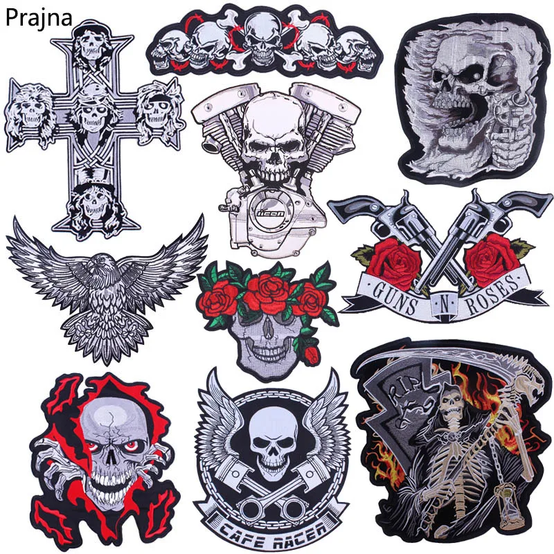 

Prajna Punk Guns Iron on Patches Large Biker Rock Embroidered Patches For Clothes Jacket Big Rose Skull Patch Back Sewing Badges