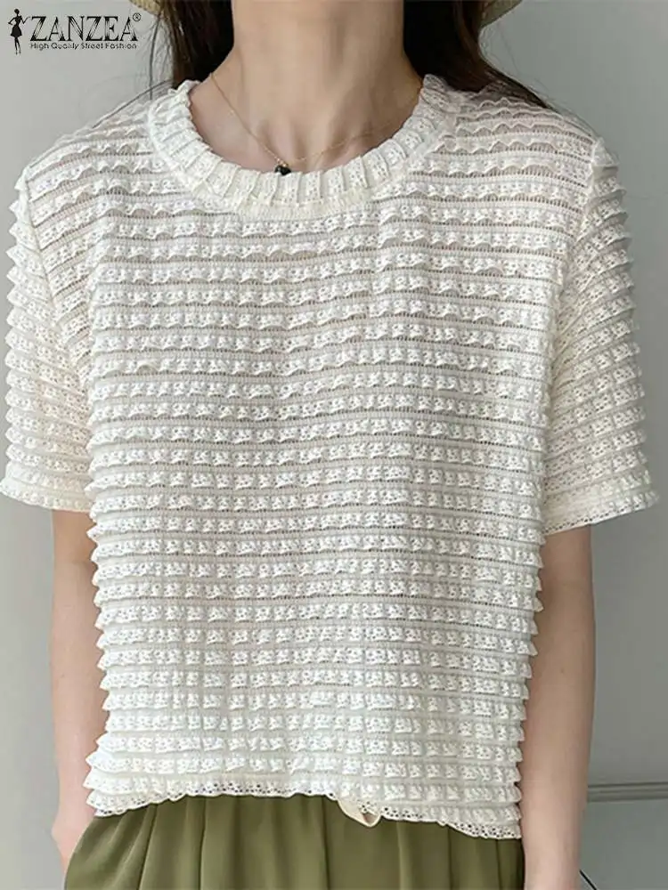 

ZANZEA Summer Short Sleeve Blouse 2022 Chic Solid Knitted Tops Women Elegant Pleated Shirts Casual O Neck Oversized Blusas Tunic
