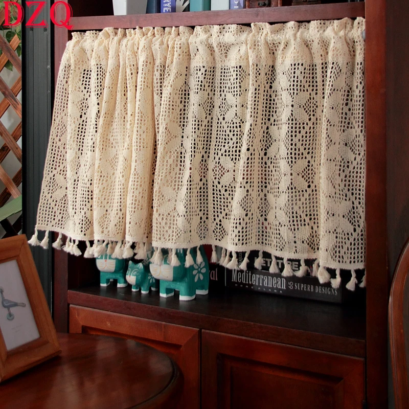 

American Country Crocheted Hollow Short Curtains Four-Leaf Clover Manual Tassel Half Curtains #A134