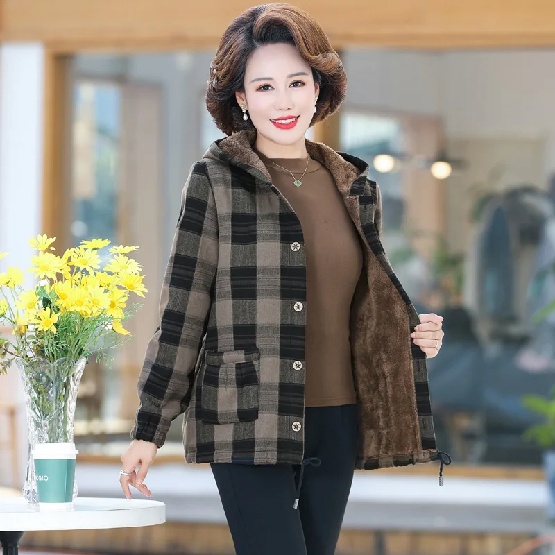 Middle Aged Women Autumn Winter Cotton Jackets 2022 New Hooded Thick Warm Short Outerwear Parkas Plaid Mother Coats XL-5XL