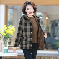 middle aged women autumn winter cotton jackets 2022 new hooded thick warm short outerwear parkas plaid mother coats xl 5xl