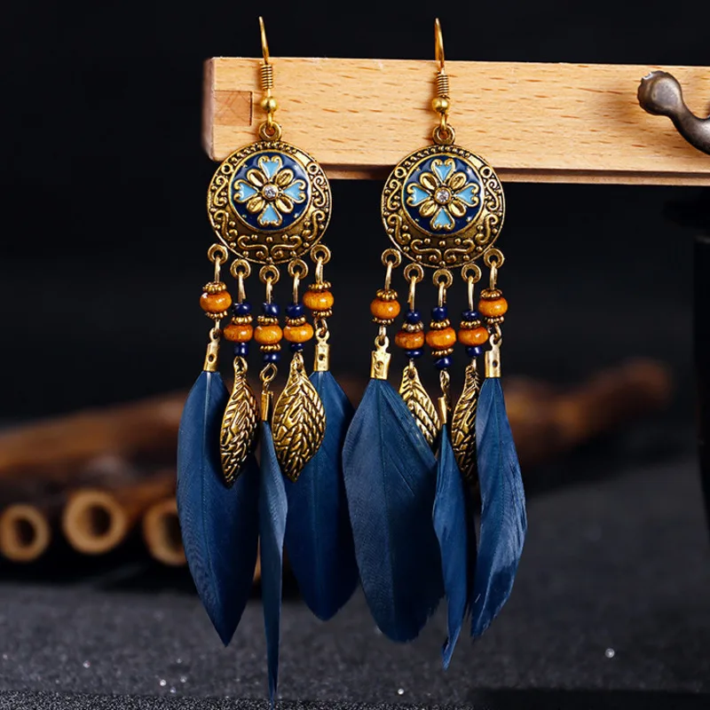 

Ethnic Feather Beads Earrings for Women Bohemian Antique Gold Carved Tassel Jewelry Gift
