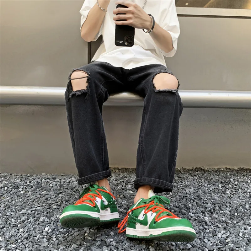 Summer Black Ripped Jeans Men Fashion Casual Straight Jeans Men Streetwear Loose Hip Hop Hole Denim Pants Mens Trousers S-3XL