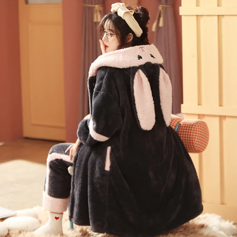 Kawaii Animal Rabbit Pajamas Sets Womens Winter Warm Flannel Thickened Nightgown Suit Hooded Long Bathrobe Set Lovely Sleepwear