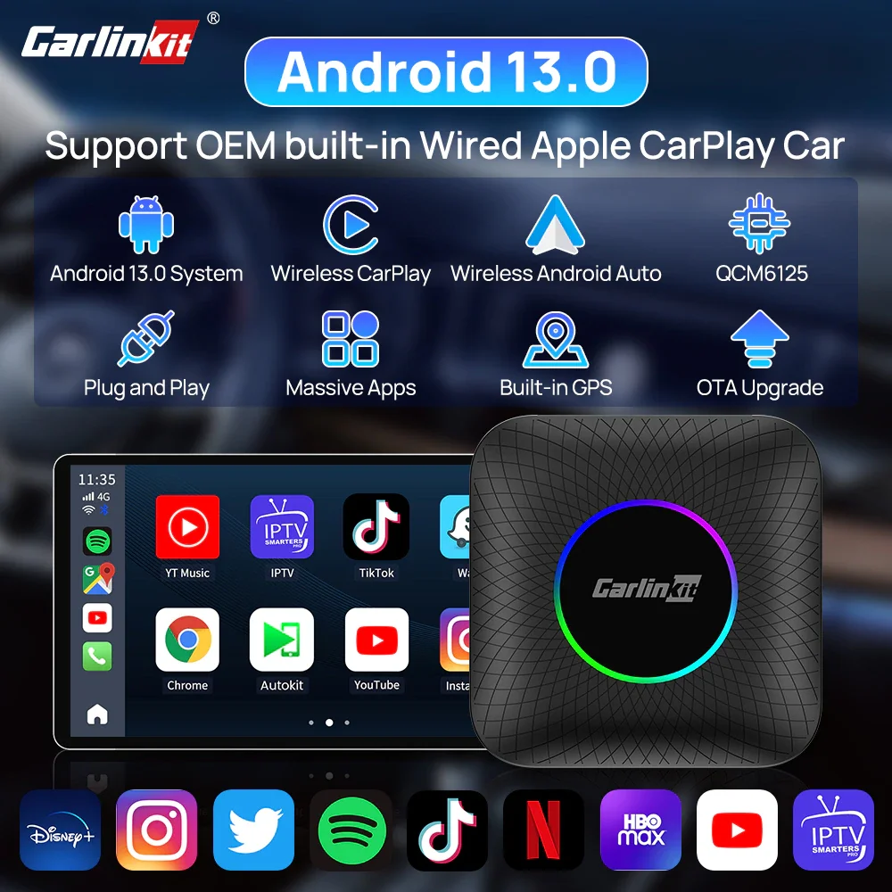 

8G+128GB CarlinKit CarPlay Ai TV Box LED Plus Android13 Qualcomm 6125 8-Core Wireless CarPlay Android Auto Netflix YouTube 4GLTE