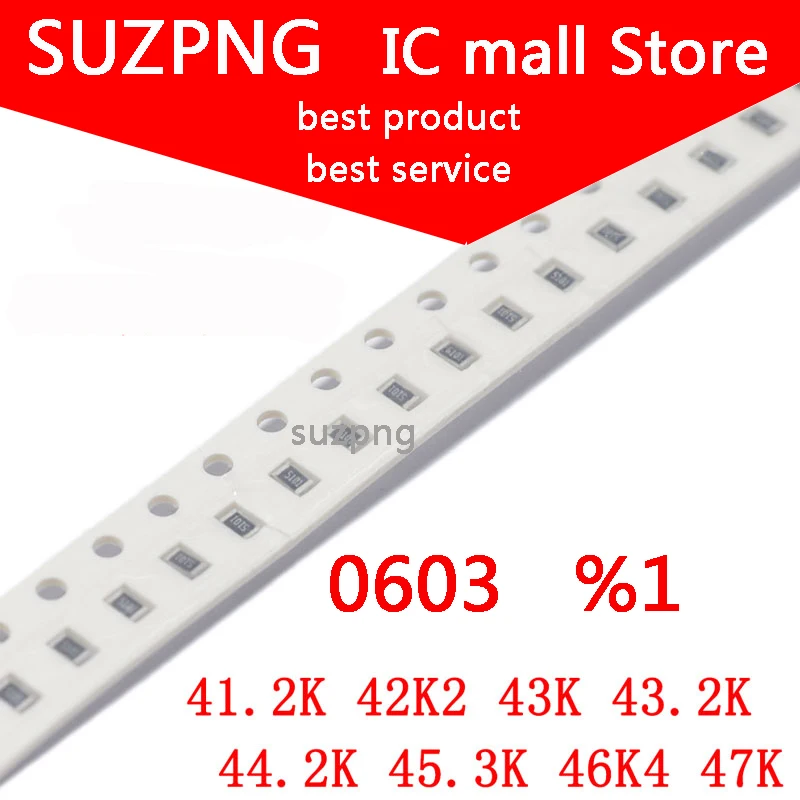 

100pcs 0603 1% SMD resistor 41.2K 42.2K 43K 43.2K 44.2K 45.3K 46.4K 47K in Stock
