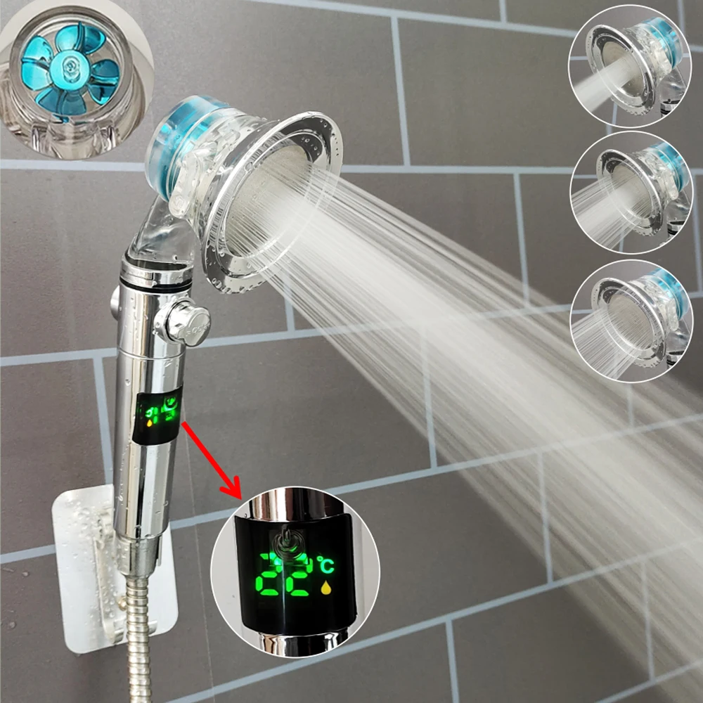 

Turbo Propeller 3 Modes Pressurized Filter Shower Digital Temperature Display High Pressure Shower Head Bathroom Accessories