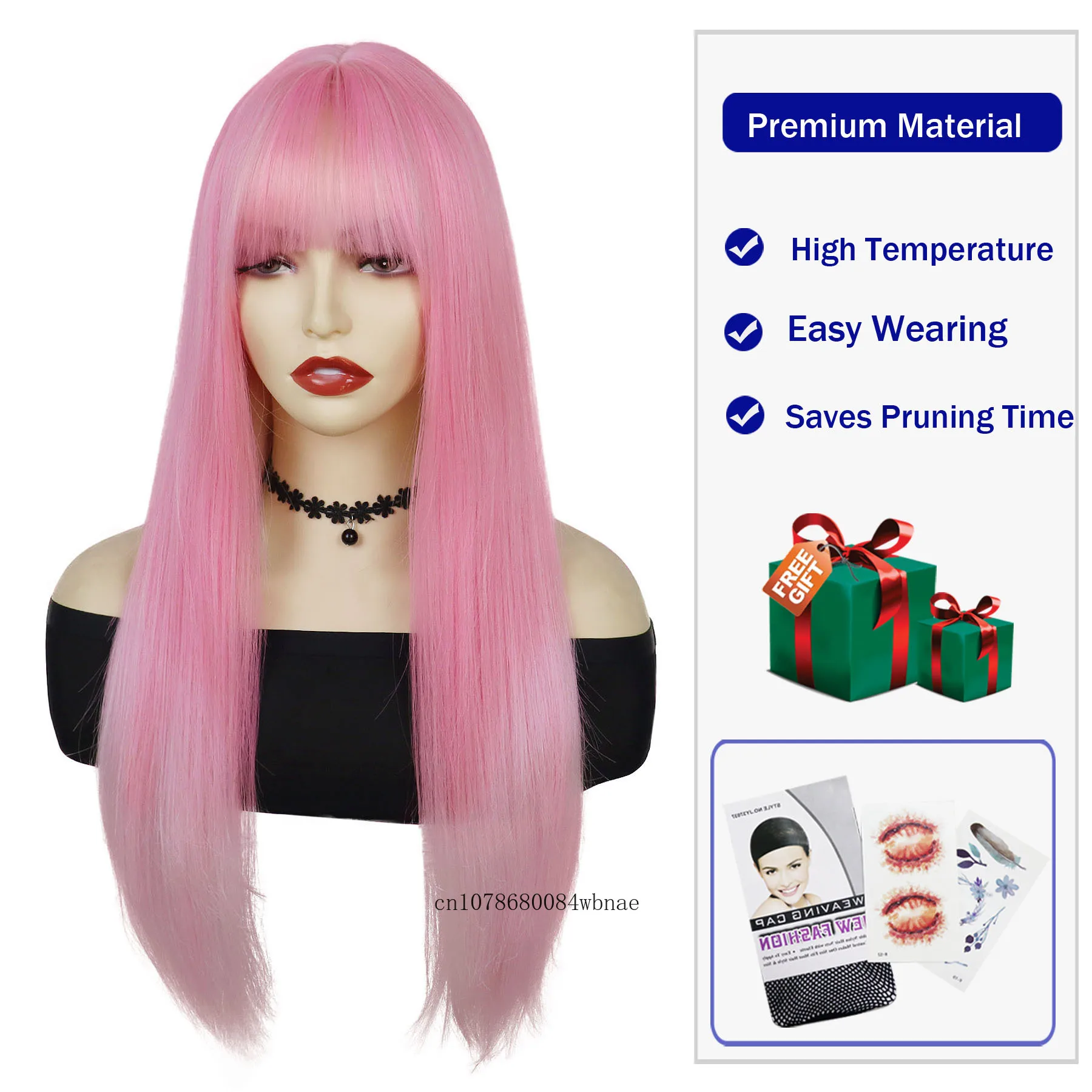 Розовые парики для женщин и девочек синтетический длинный прямой парик с челкой