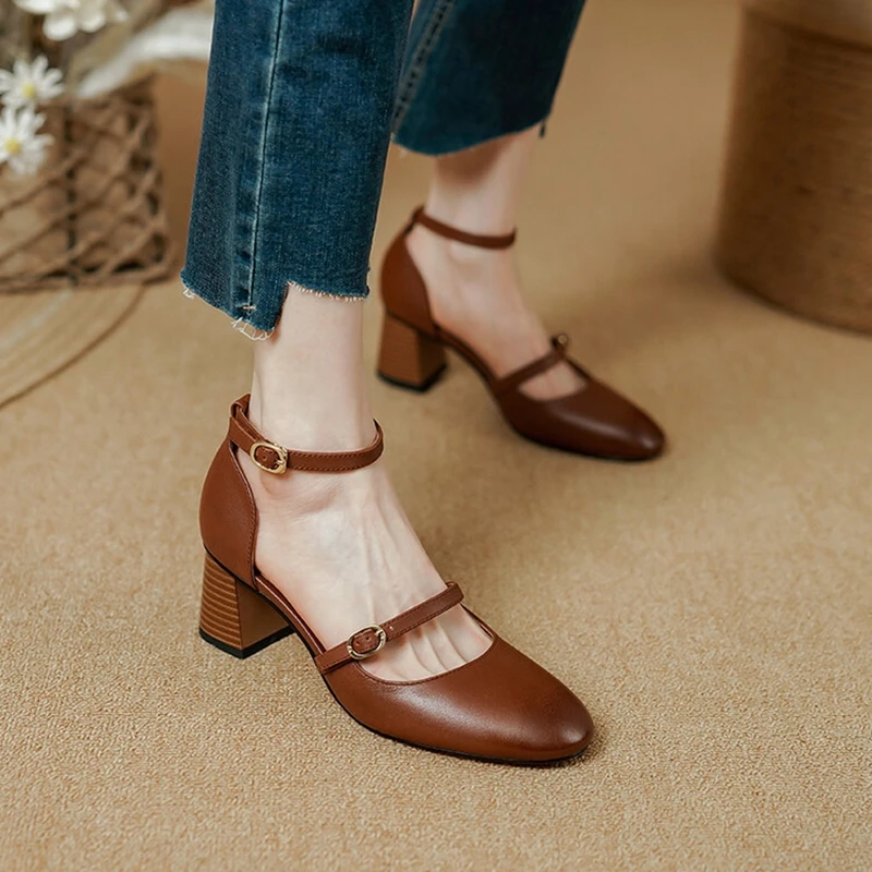 

Босоножки женские из натуральной кожи, сандалии с круглым носком, высокий каблук, Туфли Мэри Джейн в стиле ретро, лето