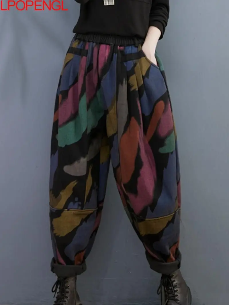 

Женские джинсовые шаровары с винтажным принтом, широкие брюки с эластичным поясом, универсальные шаровары с высокой талией, джинсы на осень...