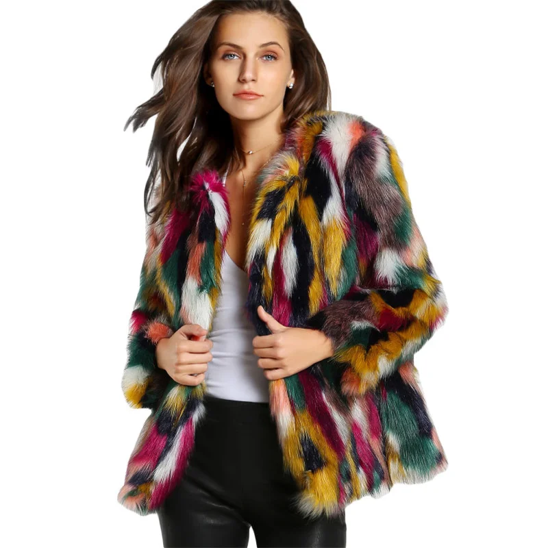 ICCLEK Color matching fur coat colorful wool imitation fur coat short long sleeve collarless casual women's winter fur coat