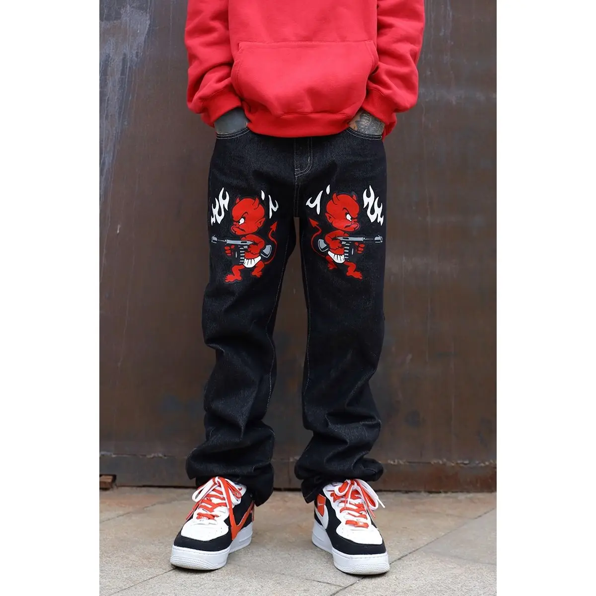 Men's jeans American street little devil retro Y2K niche print black denim hiphop hip hop loose straight fried street trousers