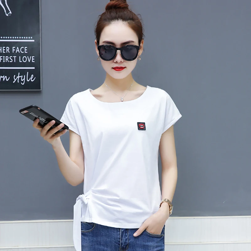 202I летняя хлопковая белая футболка женские корейские модные топы на шнуровке с