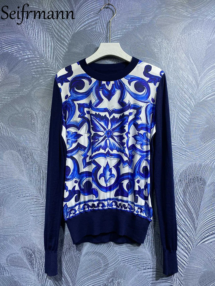 Seifrmann High Quality Autumn Women Fashion Runway Sweaters Long Sleeve Blue And White Porcelain Printing Knitting Pullovers