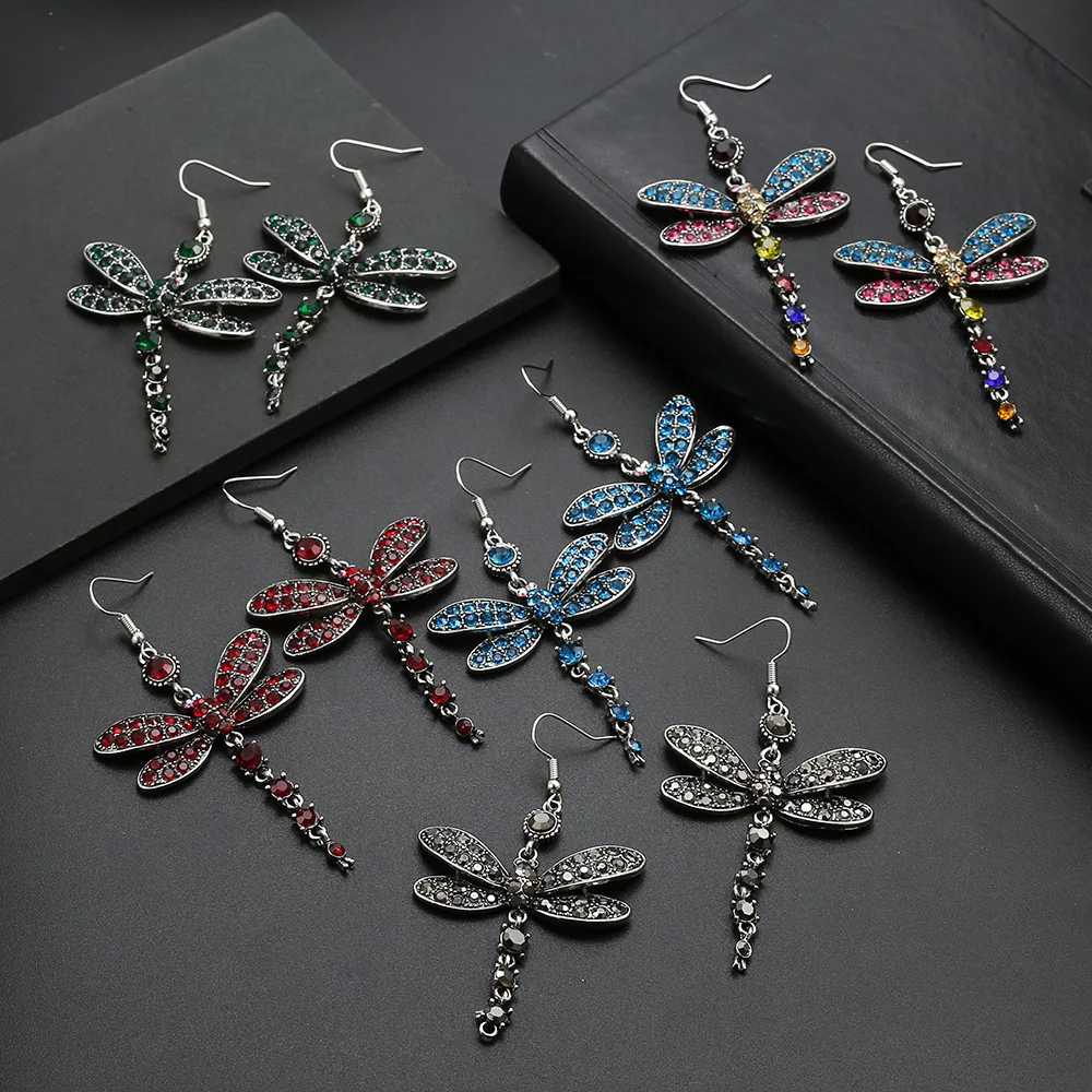 

Retro Women Rhinestone Inlaid Dragonfly Shaped Tassel Long Earrings Charm Hook Earrings Jewelry Earrings For Woman's Accesories