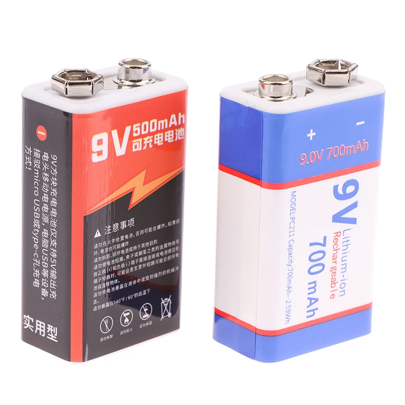 1 Set 9V 700mAh Li-ion Battery USB Type-C/Micro Rechargeable 62FF Lithium Batteries For Metal Detector Smoke Alarm