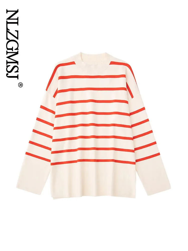 

Женский свитер в полоску Nlzgmsj, Свободный пуловер с длинным рукавом и круглым вырезом, вязаный свитер в рубчик, 2022