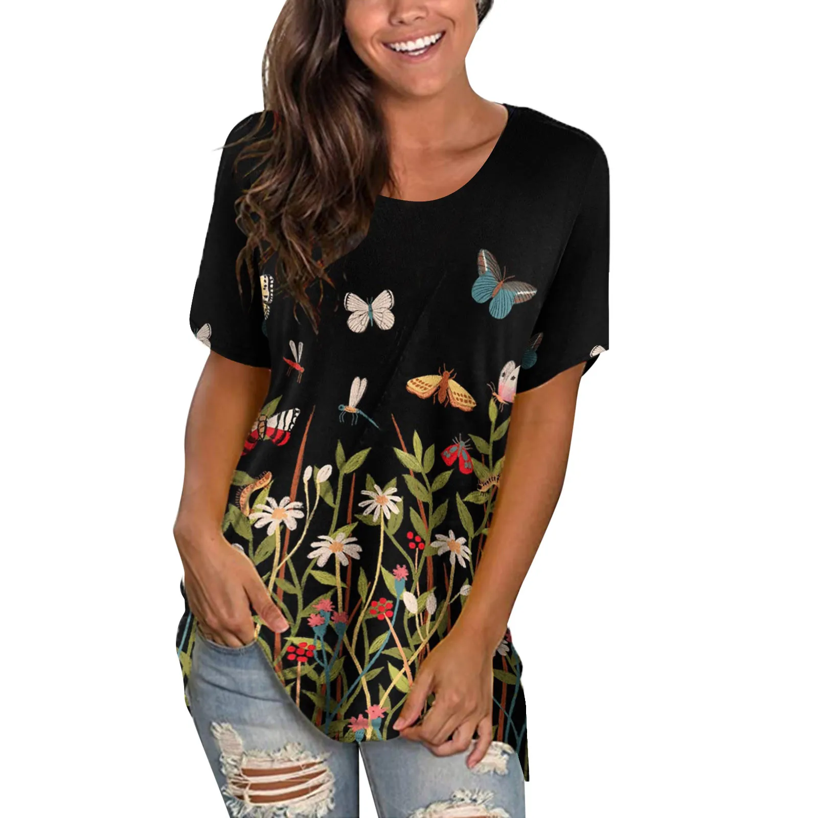 

Женская летняя футболка с коротким рукавом, круглым вырезом и цветочным принтом