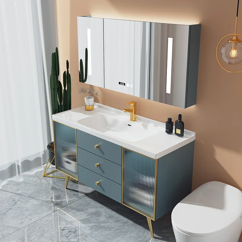 

Light Luxury Bathroom Artificial Rock Panel Smart Solid Wood Bathroom Cabinet Set Bathroom Double Basin Bathroom Sink Cabinet