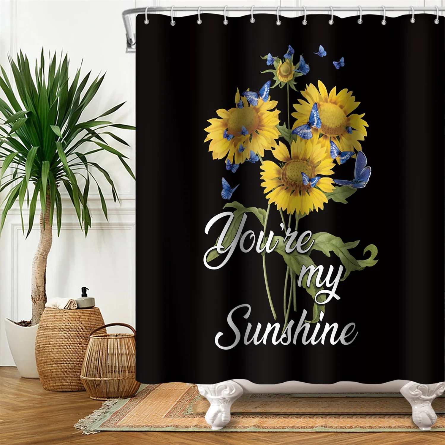 

Farmhouse Sunflower Shower Curtain Sets You Are My Sunshine Butterfly Bathroom Decors Waterproof Floral Shower Curtain Fabric