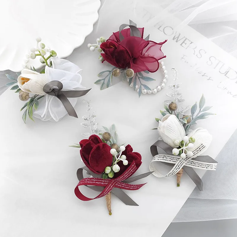 

1pc Lace Corsage Hand Wrist Flower Velvet Hand Flower Wrist Flower Bracelet Pearl Bride Wedding Supplies Bridal Prom Accessories