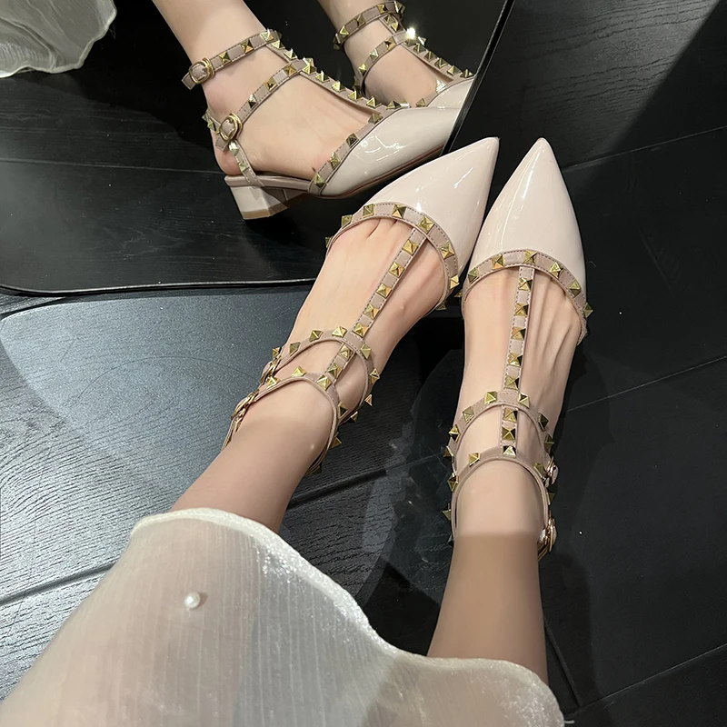 Pointed Women's Sandals Rivet Middle Heel Thick Heel Summer Strap Buckle Sexy Rivet High Heel Pumps Comfortable Women's Shoes
