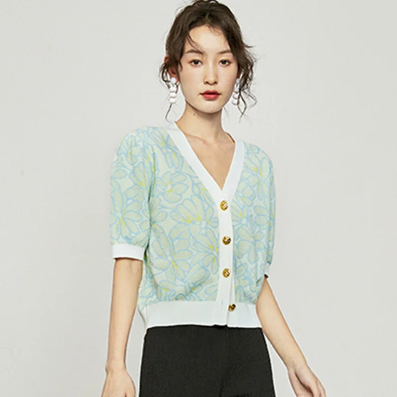 

2022 Thin Knit Summer Cardigan Women See Through Floral Print Knitted Top Vneck Cute Short Sleeve Loose Sweater Shirt Women Tops