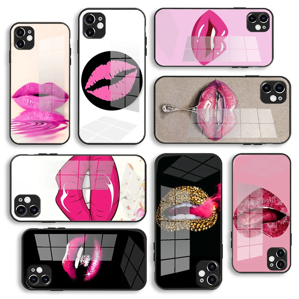 

Lunares Glass Case For iPhone 13 11 12 Mini Pro Max XS XR X 7 8 6 Plus SE Silicone Cover Protection Pink Lips Aroma