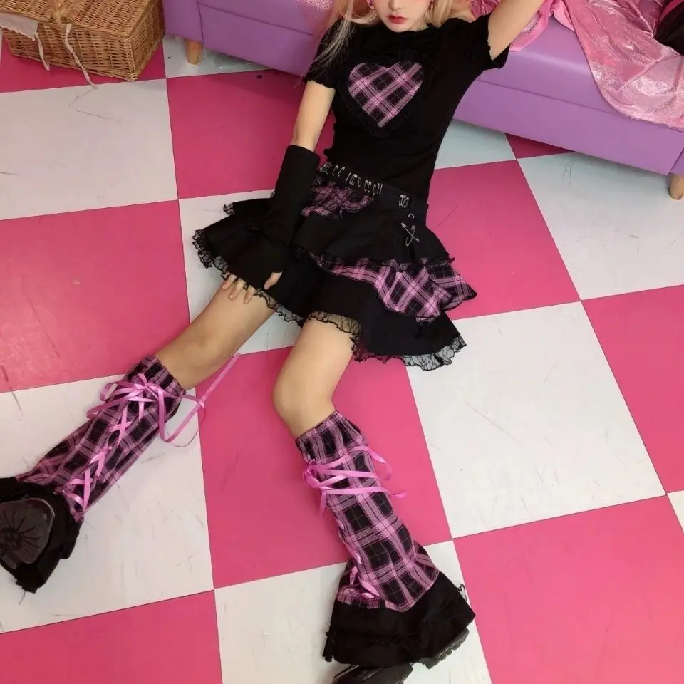 Black Pink Plaid Loose Socks Women Gyaru Fashion Y2K Stakerope Socks Woman HARAJUKU Long Sock Spring Summer Girl Kawaii Socks