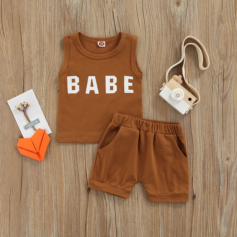 

Baby Girls Boys Summer Sportswear Letter Print Tank Tops and Elastic Waist Casual Shorts Set Babe Letter Print Vest Shorts