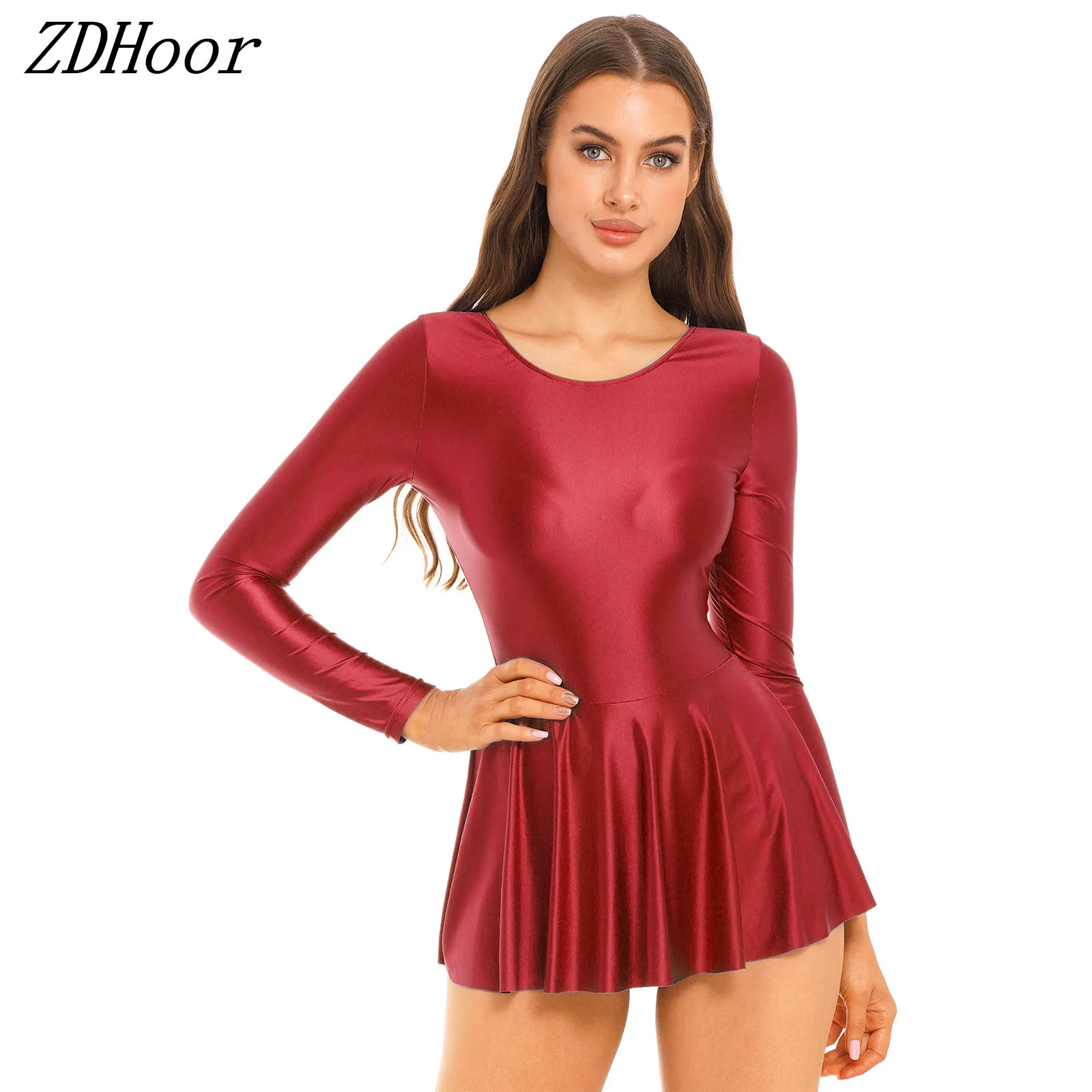 

Womens Glossy Long Sleeve Ruffled Dress Solid Color Round Neck Leotard Dresses for Sports Ballet Dance Swimming