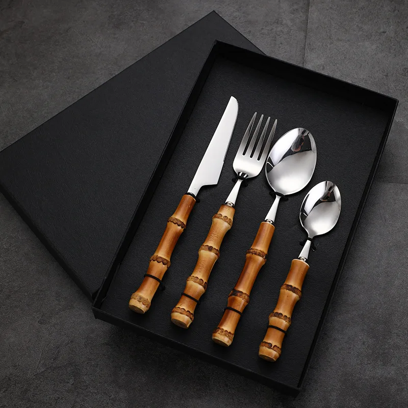 

Purely Natural Bamboo Handle Flatware Set Tableware Set Steak Knives Fork Dessert Spoon Stainless Steel Dinnerware Set