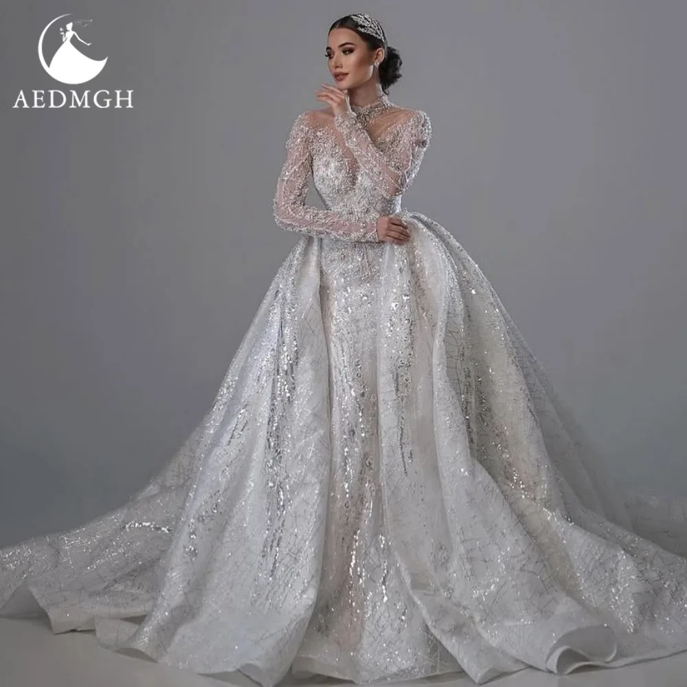 Фото Aedmgh Русалка сексуальные свадебные платья с высоким воротом Vestido De Novia кружевная вышивка со съемным шлейфом винтажные свадебные платья на заказ №1