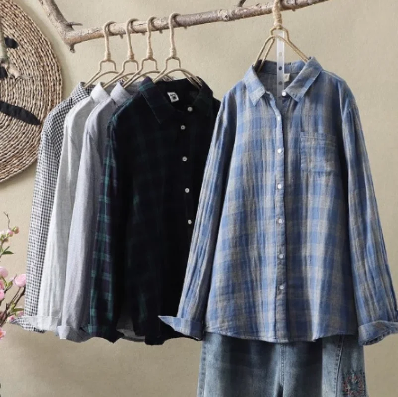 

Cotton Plaid Shirts For Women Turn Down Collar Button Up Blouse Long Sleeve Top Korean Fashion Harajuku Clothing Camisa Feminina