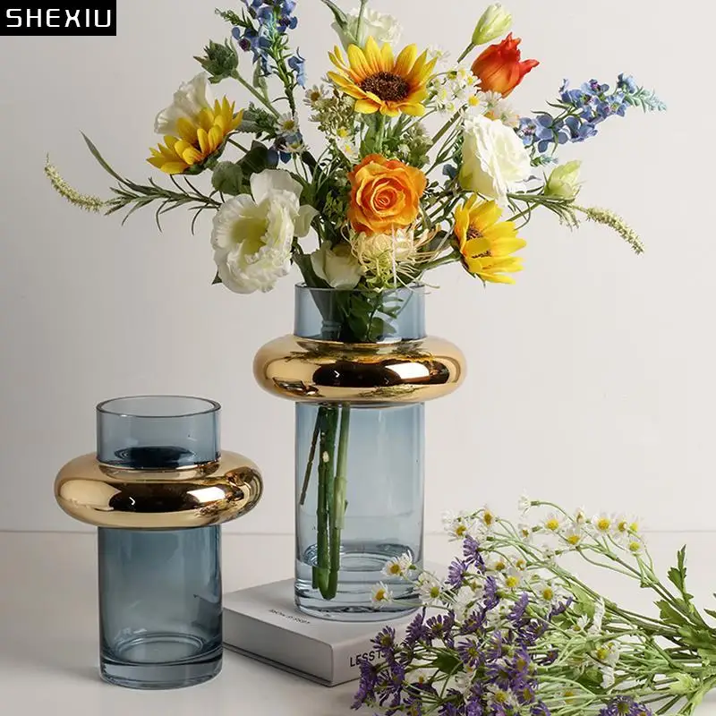 

European-style Straight Hydroponic Glass Vase Gilded Flower Arrangement Container Crafts Countertop Flower Vase Home Decoration