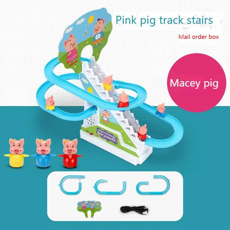 

Little duck climbs stairs to assemble automatic track little yellow duck slides music boys and girls toy color box