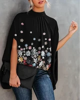 vintage floral print batwing sleeve women shirt 2022 spring summer new o neck black loose top fashion korean daily streetwear