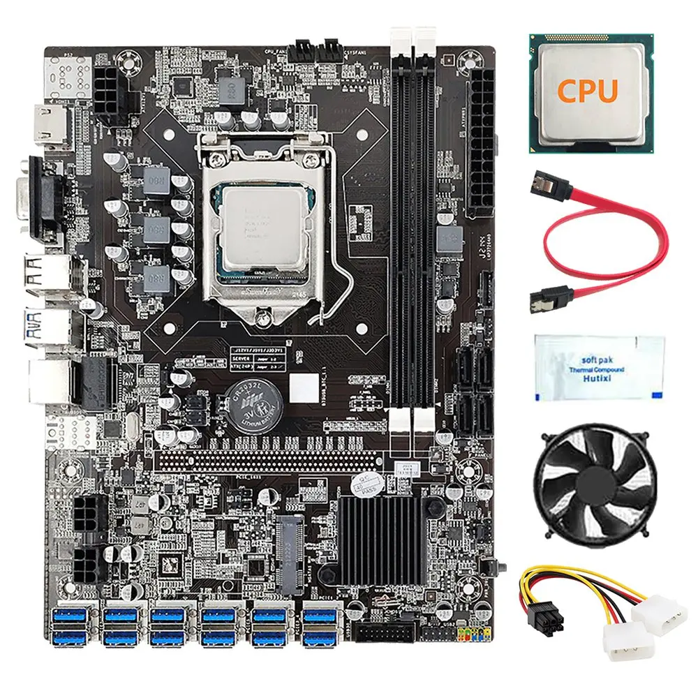 

12 GPU B75 Mining Motherboard+CPU+Fan+Thermal Grease+Power Line+SATA Line 12X USB3.0(PCIE) Slot LGA1155 DDR3 RAM SATA3.0