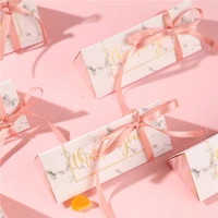 203050pcs triangle candy box with pink ribbon for wedding souvenirs christening gold thank you marbling cardboard gift bag