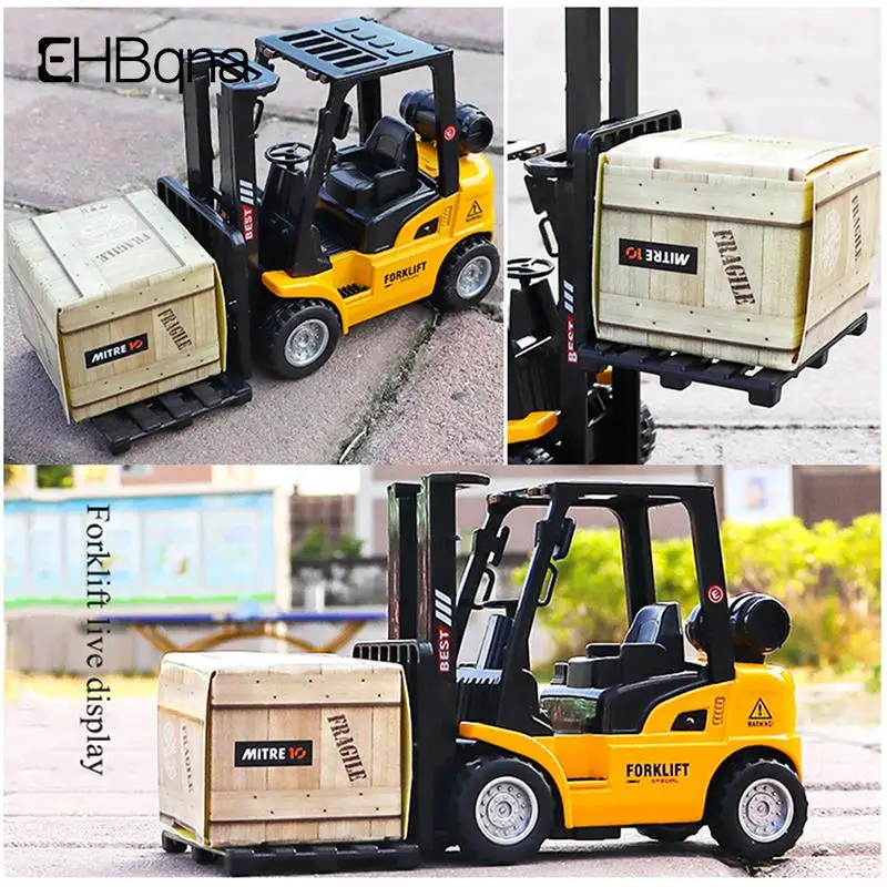 Alloy Die-Cast Model Vehicle Construction Forklift Friction Toy w/ Cargo Pallet Interactive Toy for Boys Girls Xmas Gift